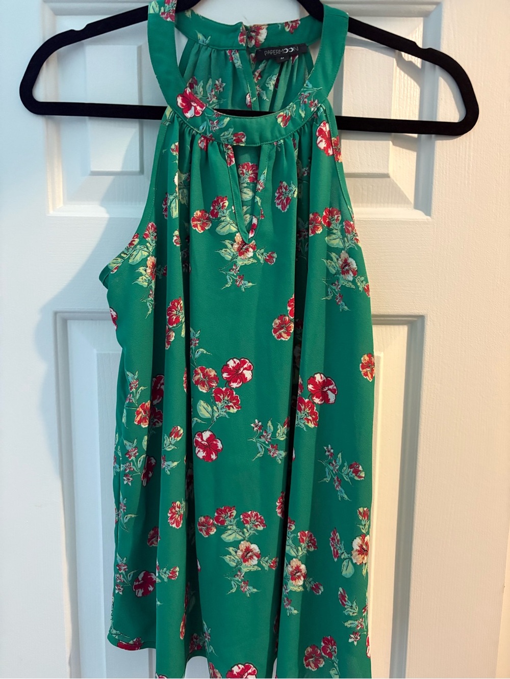 Papermoon Green Floral Halter Top with Red Accents